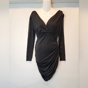 New Black Bodycon Dress Fitted Sexy Sheer Long Sleeves Ruched Deep V Size XS